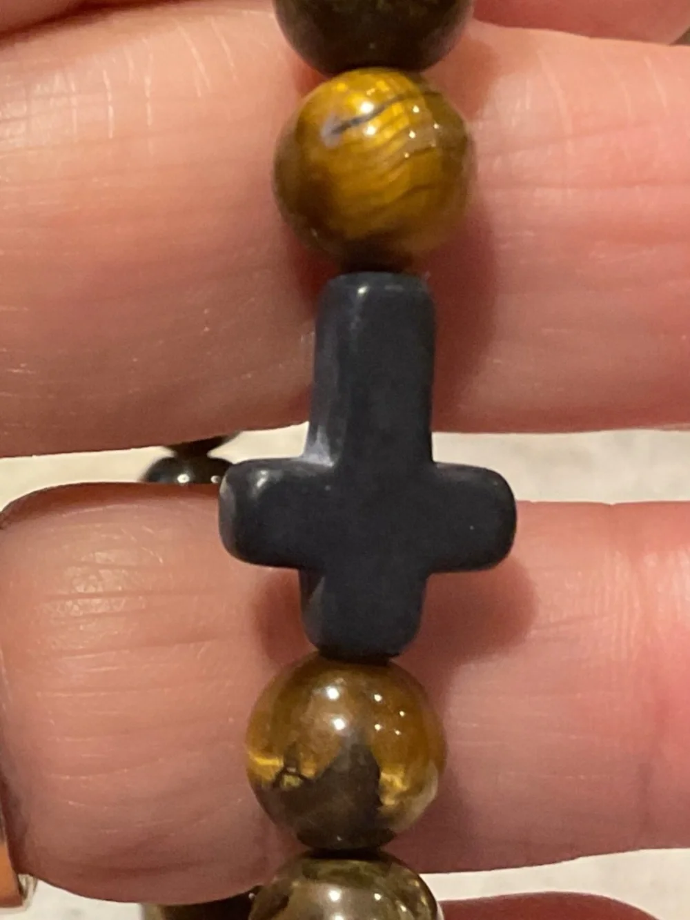 Tiger's Eye Beaded Stretch Bracelet Black Stone Cross Brown Gold